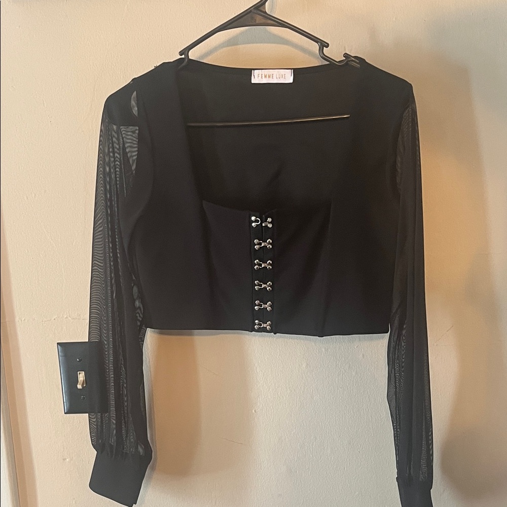 Femme Luxe Black Mesh Long Sleeve Crop Top